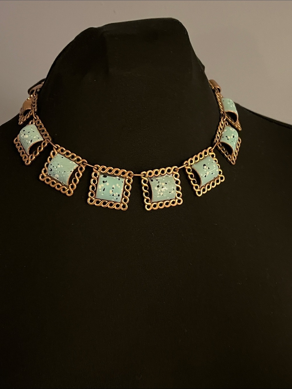 Vintage Mid-Century Copper Enamel Necklace Turquoise Speckled Squares 1950s - Picture 8 of 12